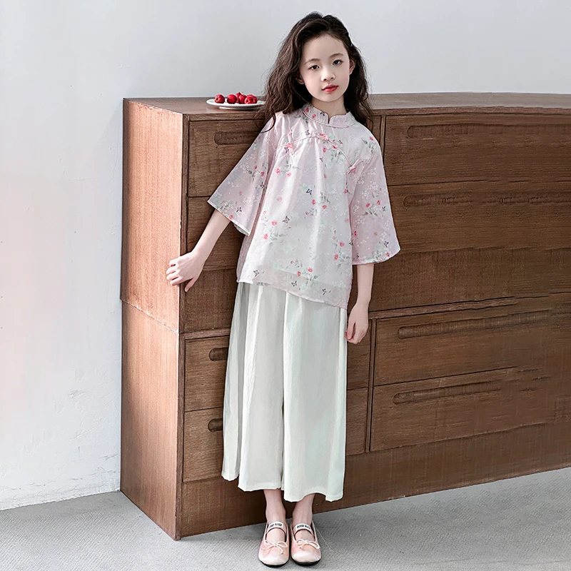 2026 Summer Children Short Sleeve Outfits Girls Chinese Traditonal Tangsuit Baby Elegant Floral Chiffion Shirt+ Pants Hanfu Set