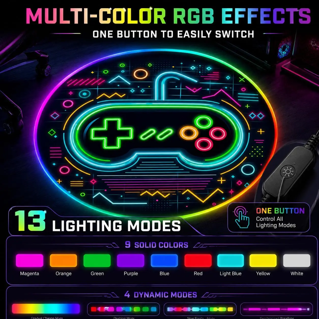 Decorative Round Gaming Controller Mat Polyester Rug for Bathroom Entryway Nursery Kids Pop Art Neon Floor Runner Artificial Spo