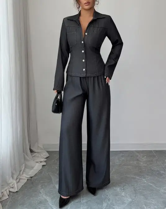 

Two Piece Set Women Outfit 2026 Spring Autumn New Solid Color Turn-Down Collar Long Sleeve Shirt & Casual Wide Leg Pants Set