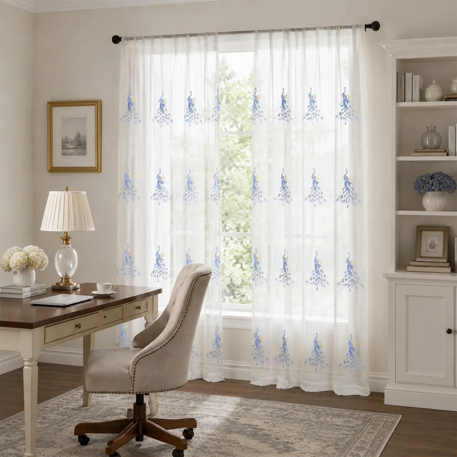 1 Piece, Available in Multiple Colors, Blue/Purple Blue Peacock Embroidered Semi-Transparent Sheer Curtain, Rod Pocket Design, Exquisite Craftsmanship, Lightweight and Soft, Washable, Suitable for All Seasons, Modern Minimalist Home Decor, Suitable for Living Room, Bedroom, Dining Room, Office, Wedding, Date Night