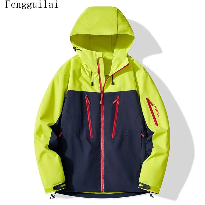 Unisex Color Block Hooded Outdoor Jacket Waterproof Windproof Full Zip Hiking Coat Multi Pockets Mountain Climbing Outerwear