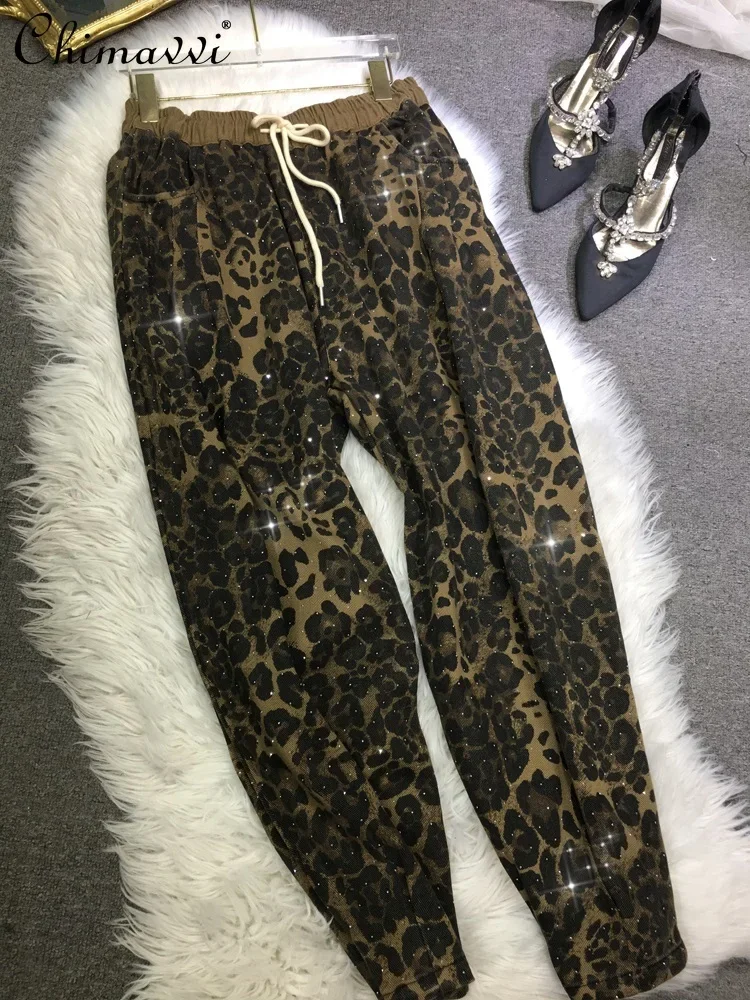 

European Hot Diamond Harlan Pants Women's Autumn Fashion Elastic Waist Large Size Casual Pants Luxury Leopard Print Trousers