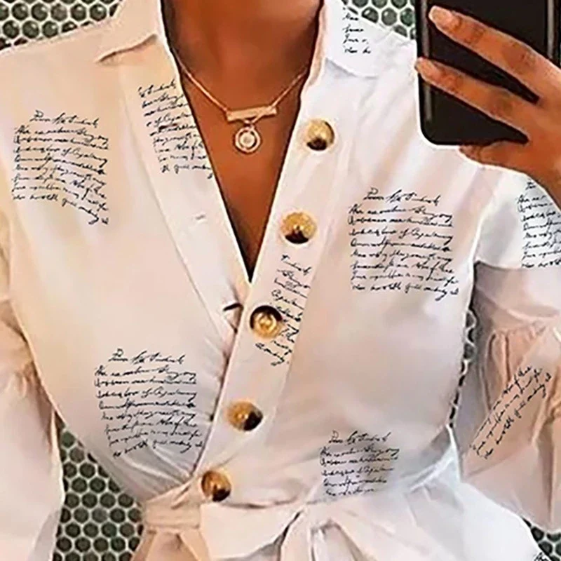 Fashion V-Neck Tops Women Bandage Letter Print Stylish Simple Tops Fall 2021 Long Sleeve Streetwear Outfit Female Casual Clothes