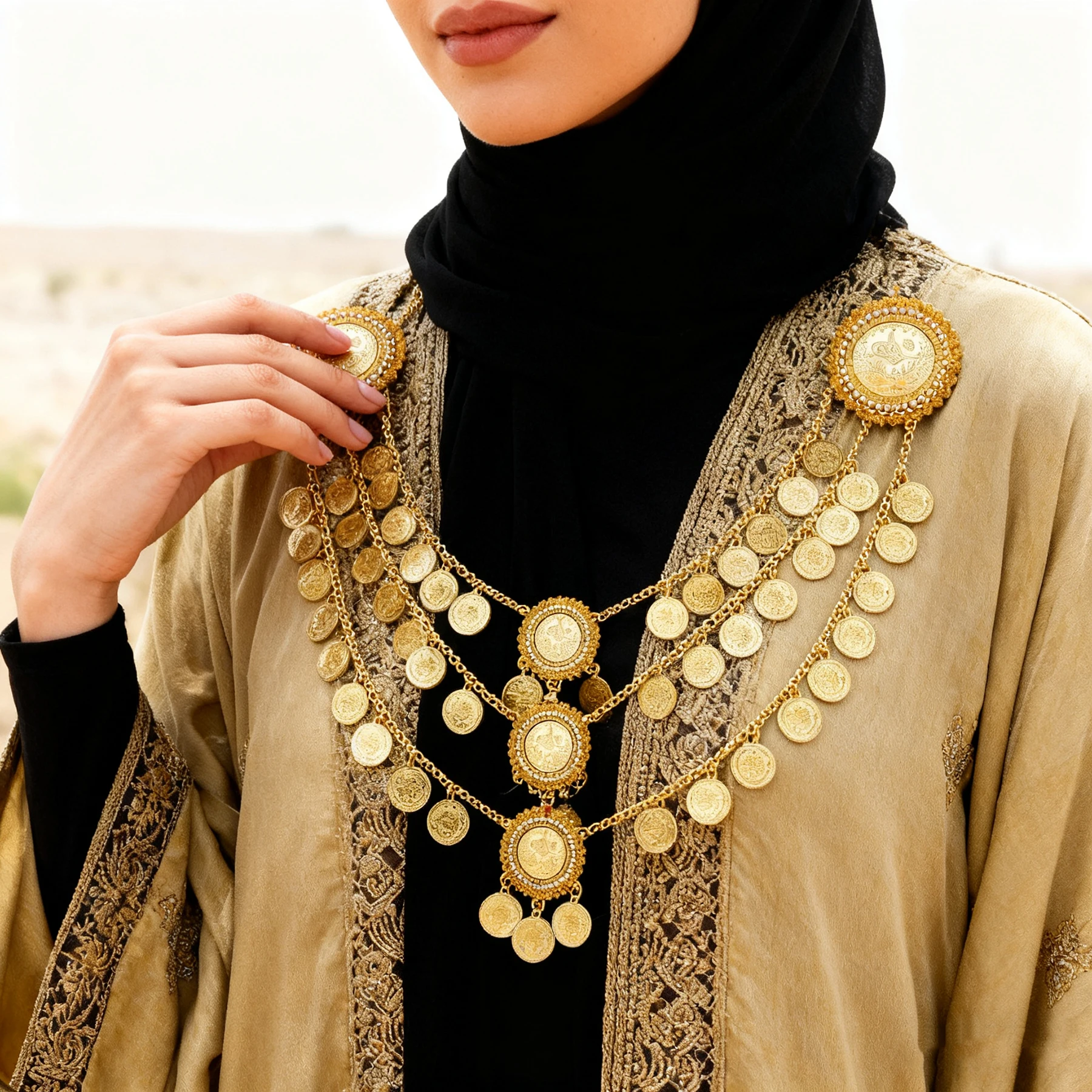 3 Layer Gold Color Coin Tassel Crystal Flower Pin Necklace for Women India Arab Kurdish Ethnic Bride Wedding Jewelry Accessories