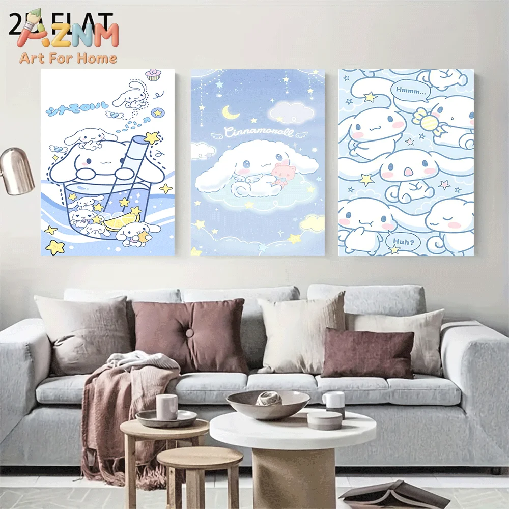 AZNM Cinnamoroll Canvas Wall Art Unframed Cute Cartoon Print Poster Bubble Tea Cloud Moon Star Kawaii Blue Pastel Design for Gir