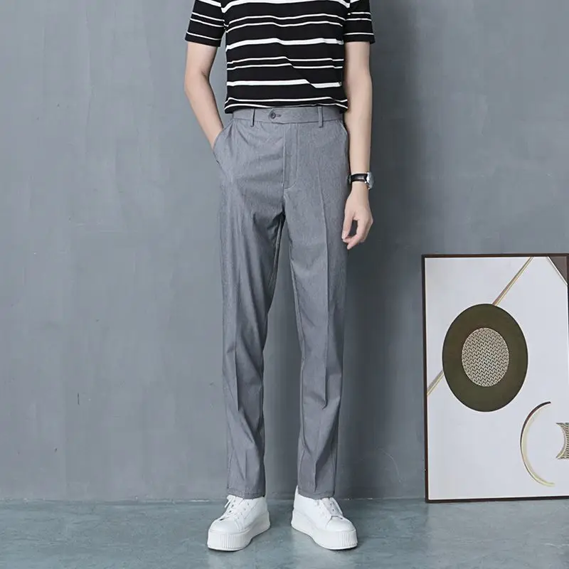 Men's Light Grey Straight Leg Trousers Seoul Fit Business Casual Pants with Elegant Drape Minimalist Streetwear for Autumn