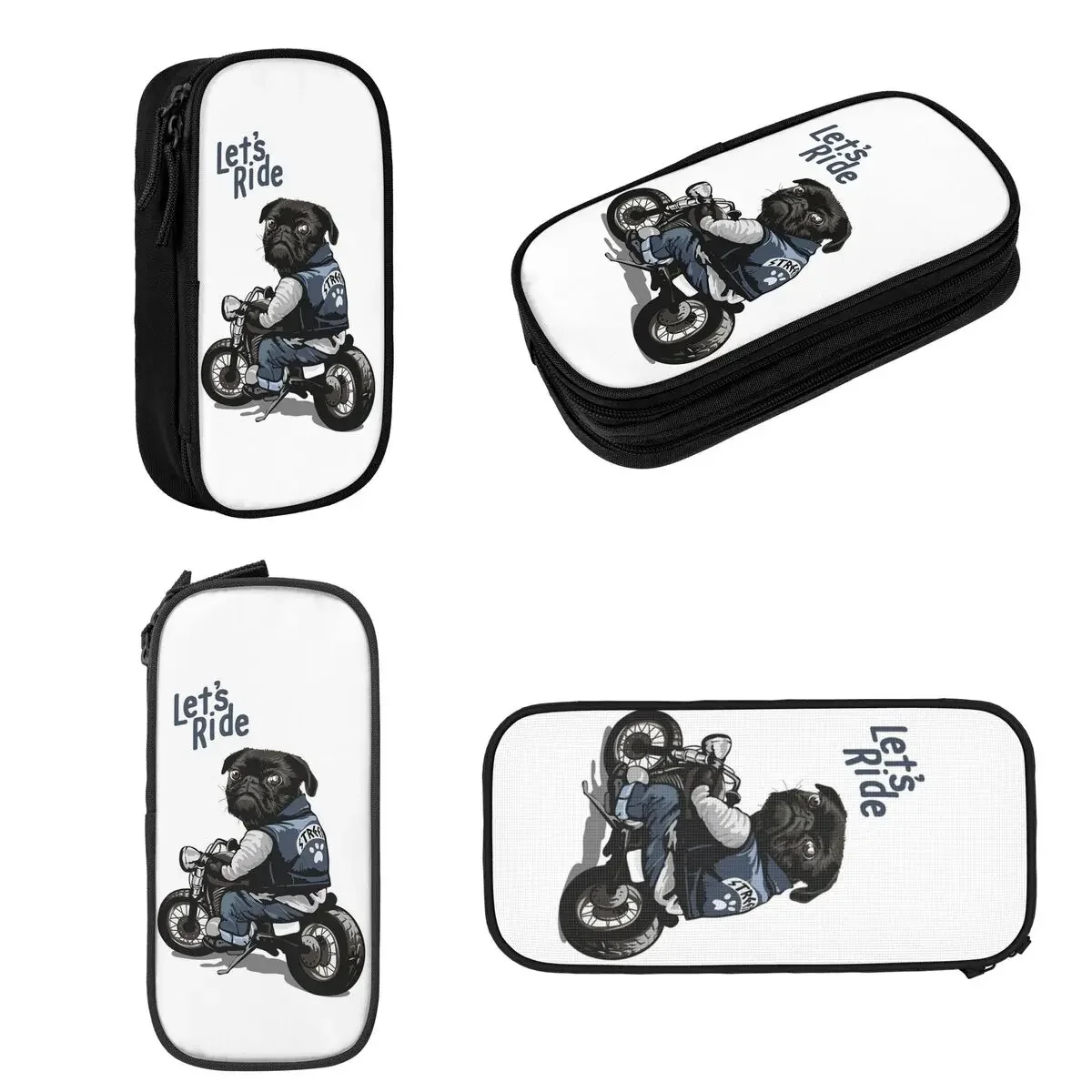 Let's Ride Motorcycle Big Bike Black Pug Dog Pencil Cases Large Capacity Pen Bags Pen Box Pencil Pouch For Boys Girls Students