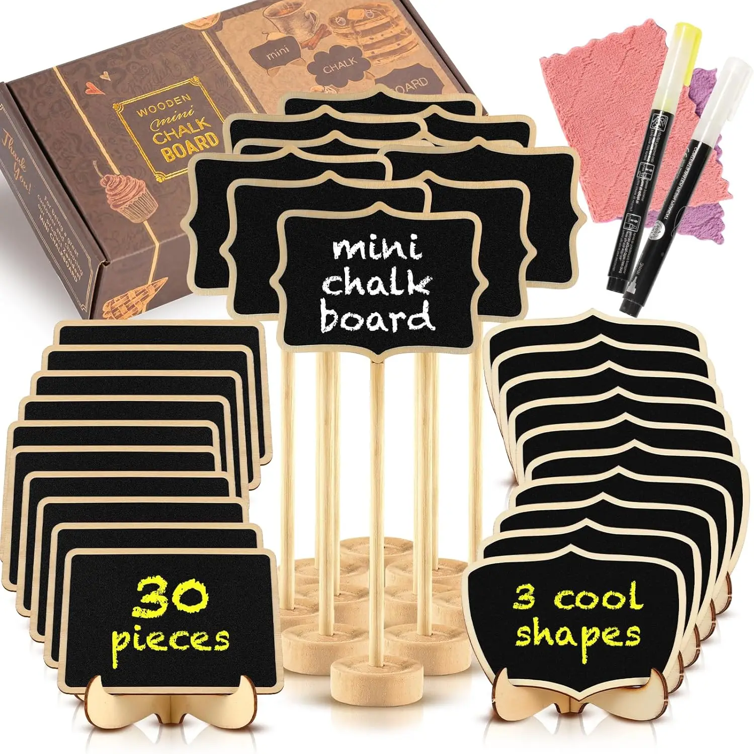 

Mini Chalkboard Signs 30 Pack, Small Food Labels or Name Cards for Party Buffet Table with Wooden Stand, Wedding, Baby Shower