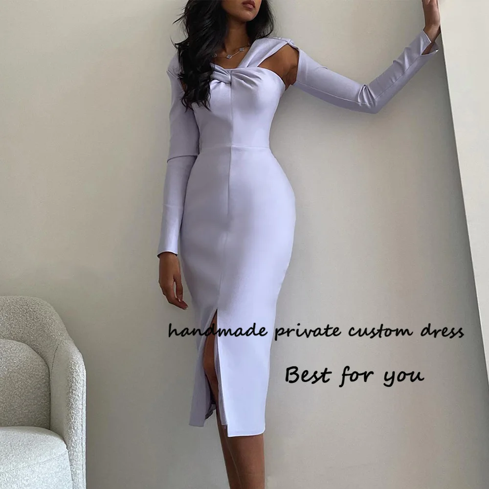 

Lavender Satin Mermaid Evening Dresses Long Sleeve Front Split Tight Formal Prom Dress Tea Length Dubai Party Gown Outfits