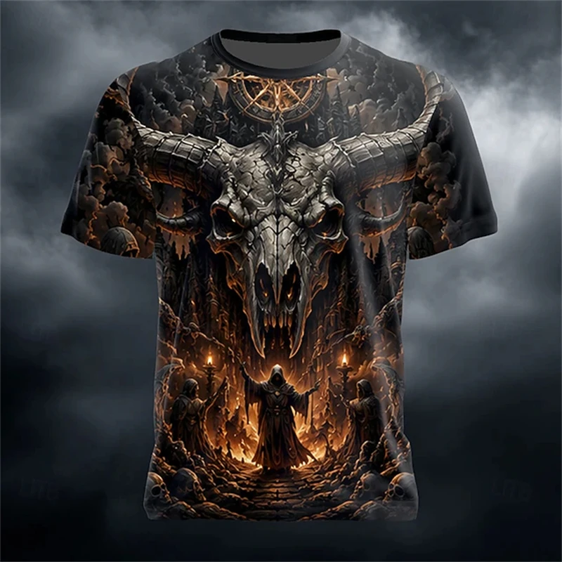 Men's New Summer Fashion Trend Round-Neck T-Shirt Giant Ram Skull Castle Wizard Dark Magic Hell Halloween-Themed Short-Sleeve