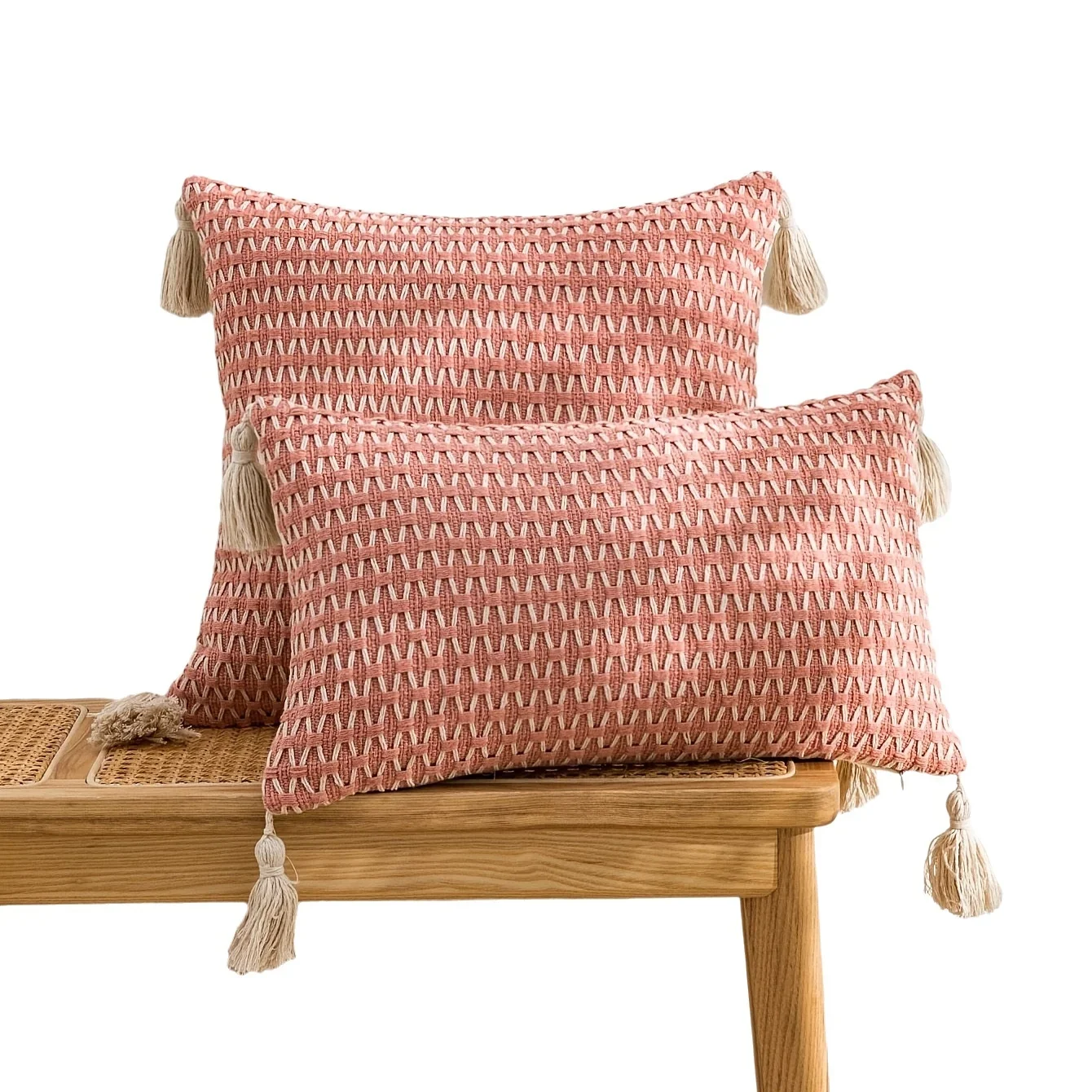 Modern Square Woven Cushion Cover with Tassels - Boho Chic Pillow Case for Sofa, Bed, Living Room Decor, Neutral Home Accents