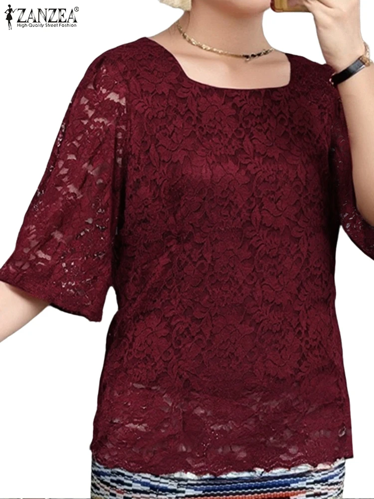 ZANZEA Women Lace Blouse Summer Hollow Out Tops Vintage Half Sleeve Blusas Casual O Square Neck Tunics 2025 Oversized Pullover