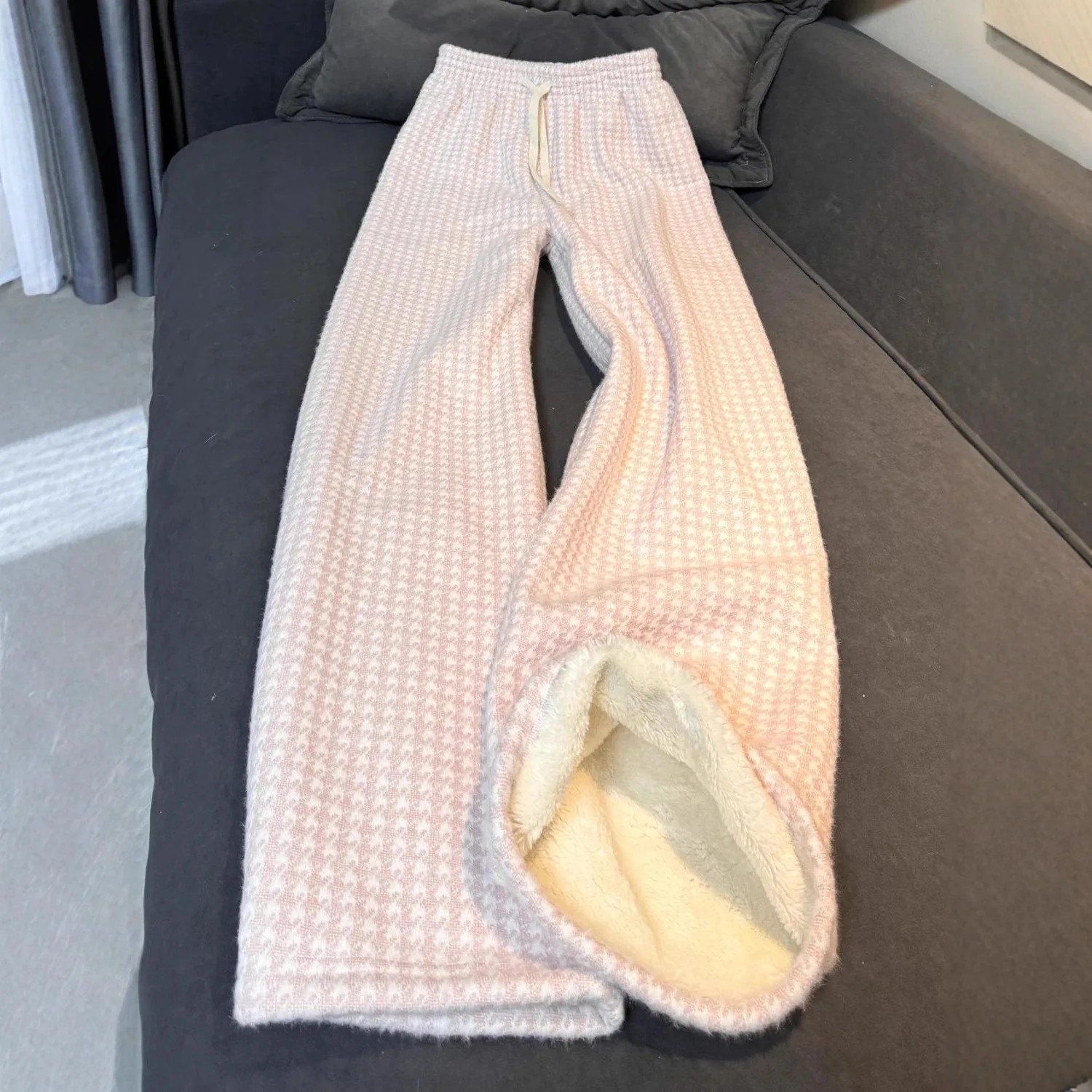 

2025 Simple Fleece Plaid Pants for Women Winter College Style Youthful Straight Wide-Leg Pants