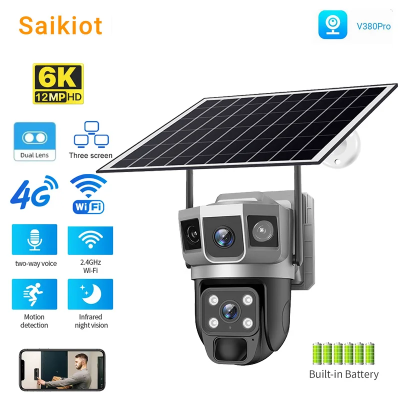 Saikiot V380 Pro Solar Powered 4G WIFI Camera Dual Lens 3 Screens Two Way Audio Waterproof Motion Detection PTZ Security Camera