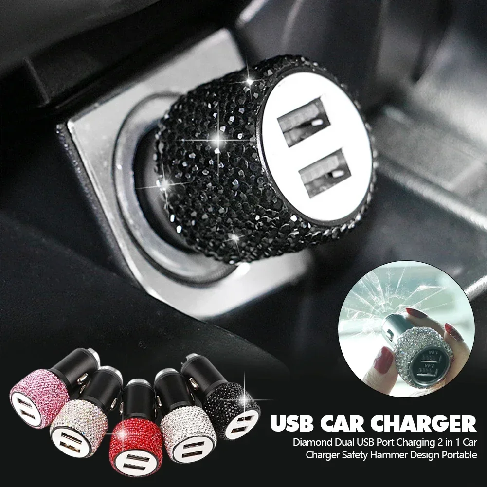 Diamond Car Charger 5V 2.1A Dual USB Fast-Charged Adapter Car Styling Bling Car Phone Aluminum Alloy Charger Safety Hammer