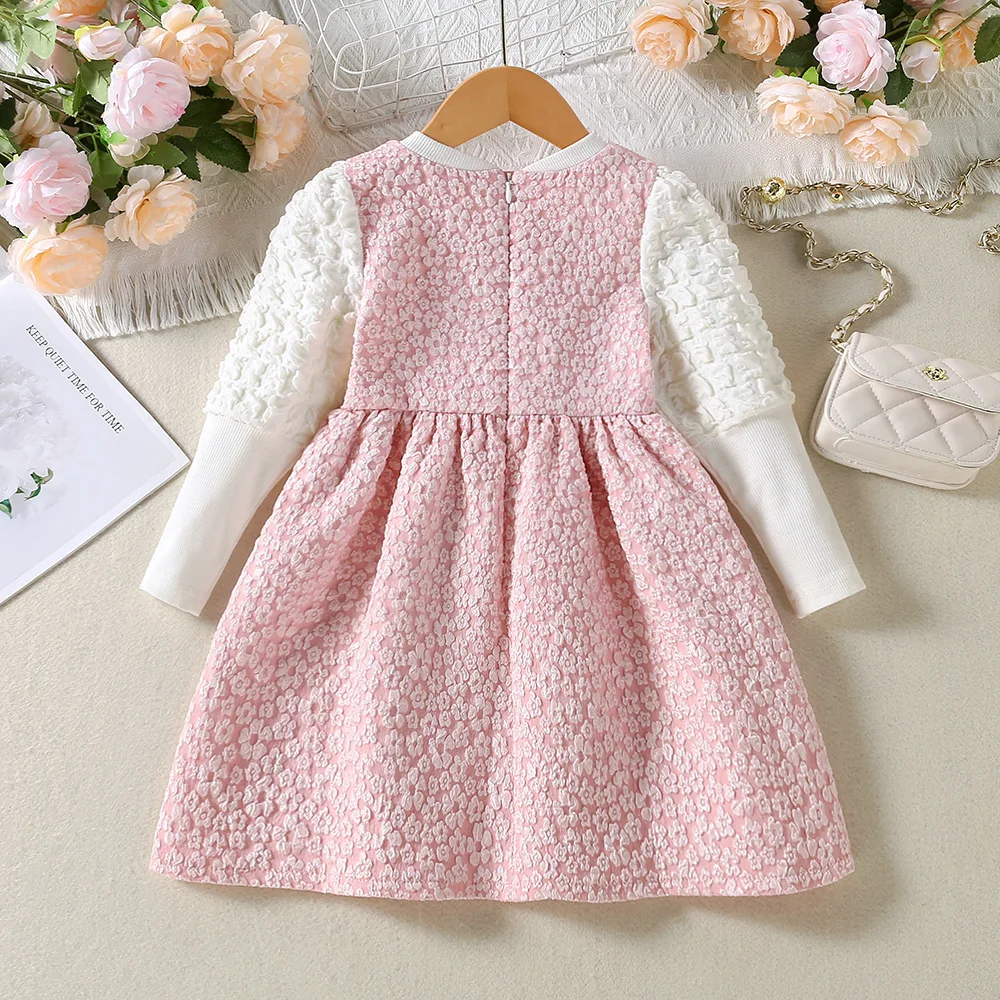 Humor Bear Girl Dress Autumn  Puff Sleeve Lace Princess Dress Flowers Birthday Party Dress For 3-7Y