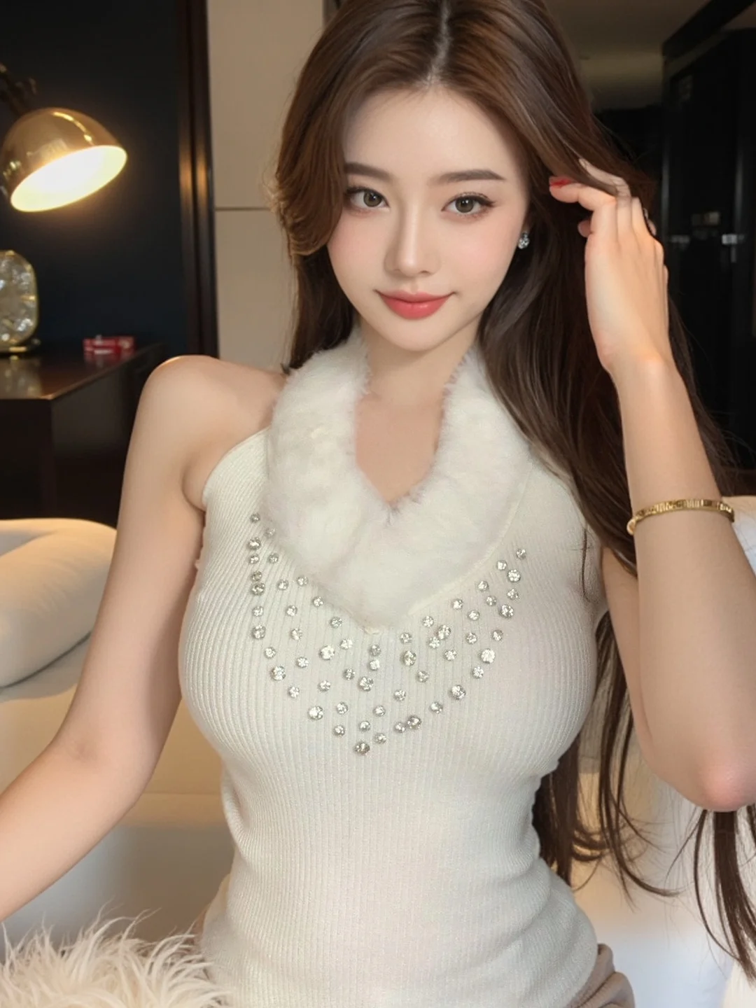 

Retro Sexy Diamond Embellished Knitted Vest Slim Fit Inner Wear Top for Women Elegant Style mid Waist Design Polyester Fiber