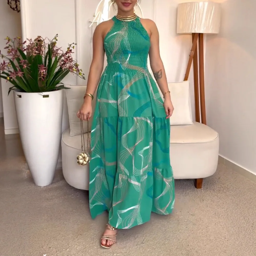 Mulheres verão solto longo abstrato linha impressão halter sem mangas plissado hem vestido casual shirred cintura cinched maxi vestido