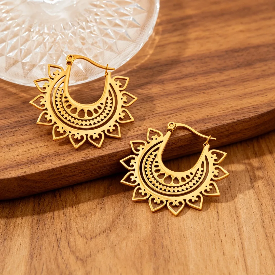 Bohemian Hollow Circular Gold Color Earrings For Women Metal Jewelry 2026 Trending New Fashion Carved Ethnic Earrings A93