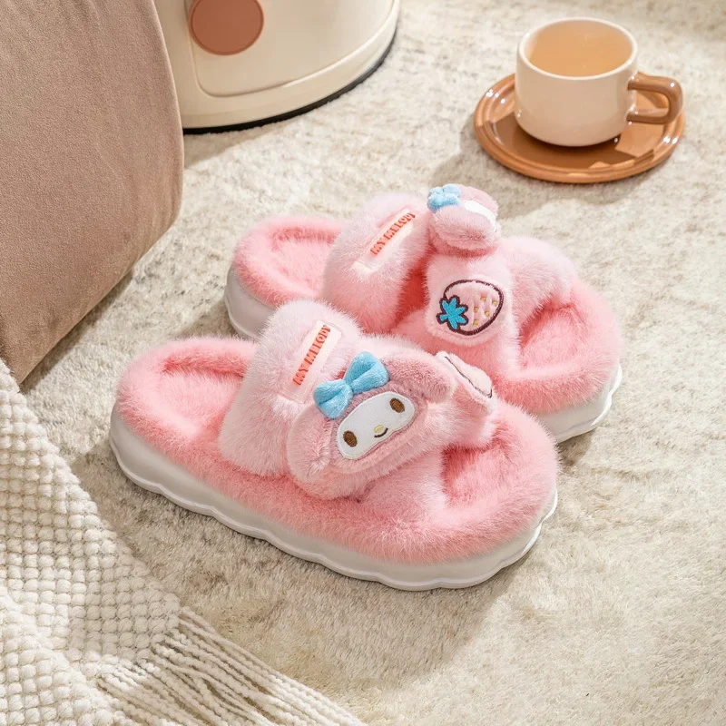 Genuine Sanrio Kuromi Hello Kitty Plush Slippers My Melody Warm Winter Indoor Slippers Flat Casual Non-slip Girl Home Shoes