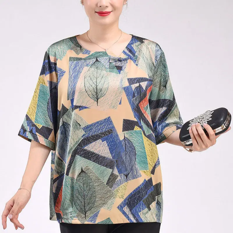 Women Summer Fashion Loose Large Size Silk Printing O-neck Short Sleeve Shirts Women Clothes Simplicity Fashionable Top Tee