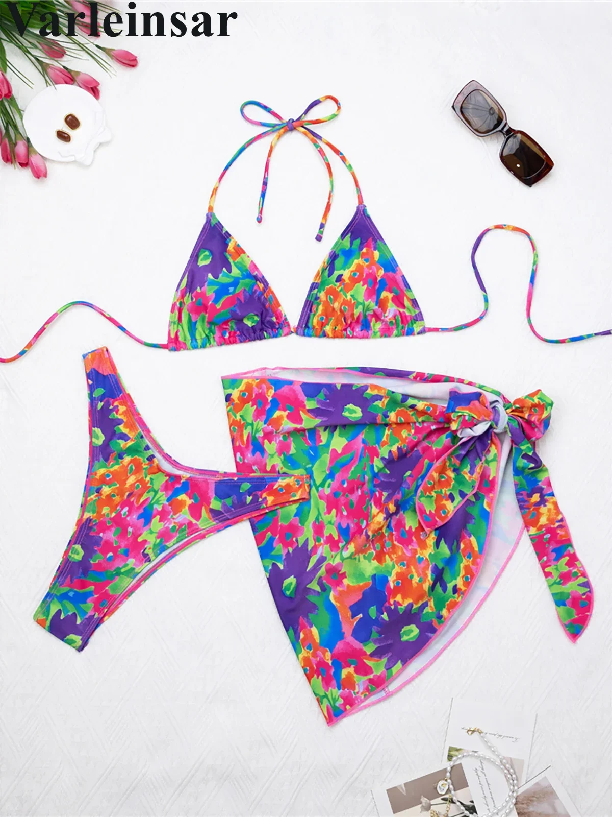 

S - XL с принтом Саронг, бикини с лямкой на шее, женский купальник, женский купальник, комплект из трех частей, купальный костюм, купальный костюм, V6448