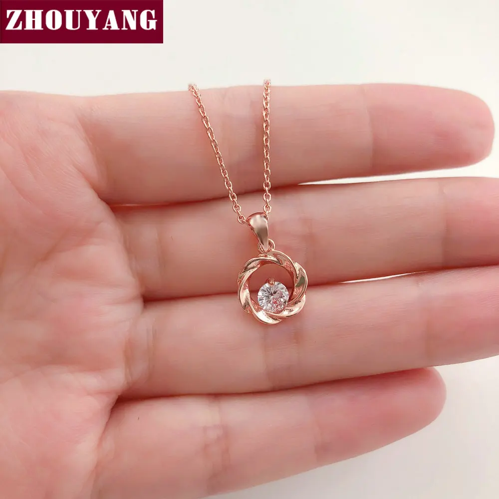 ZHOUYANG Necklace For Women Classic Simple Style Flower Shape Cubic Zirconia Rose Gold Color Pendant Jewelry Christmas Gift N249