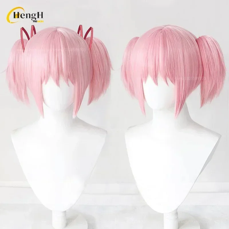 Tersedia Wig Cosplay Anime Kaname Madoka Sintetis Wig Ekor Kuda Ganda Merah Muda Pendek 30Cm Rambut Tahan Panas Wig Pesta Halloween