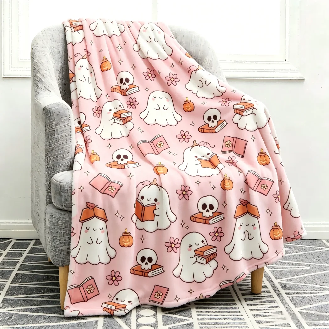 1pc Cute Ghost Reading Pink Blanket for Couch Soft Blanket Gifts Halloween X-mas Flannel Blankets Festival Gifts Four Season Use