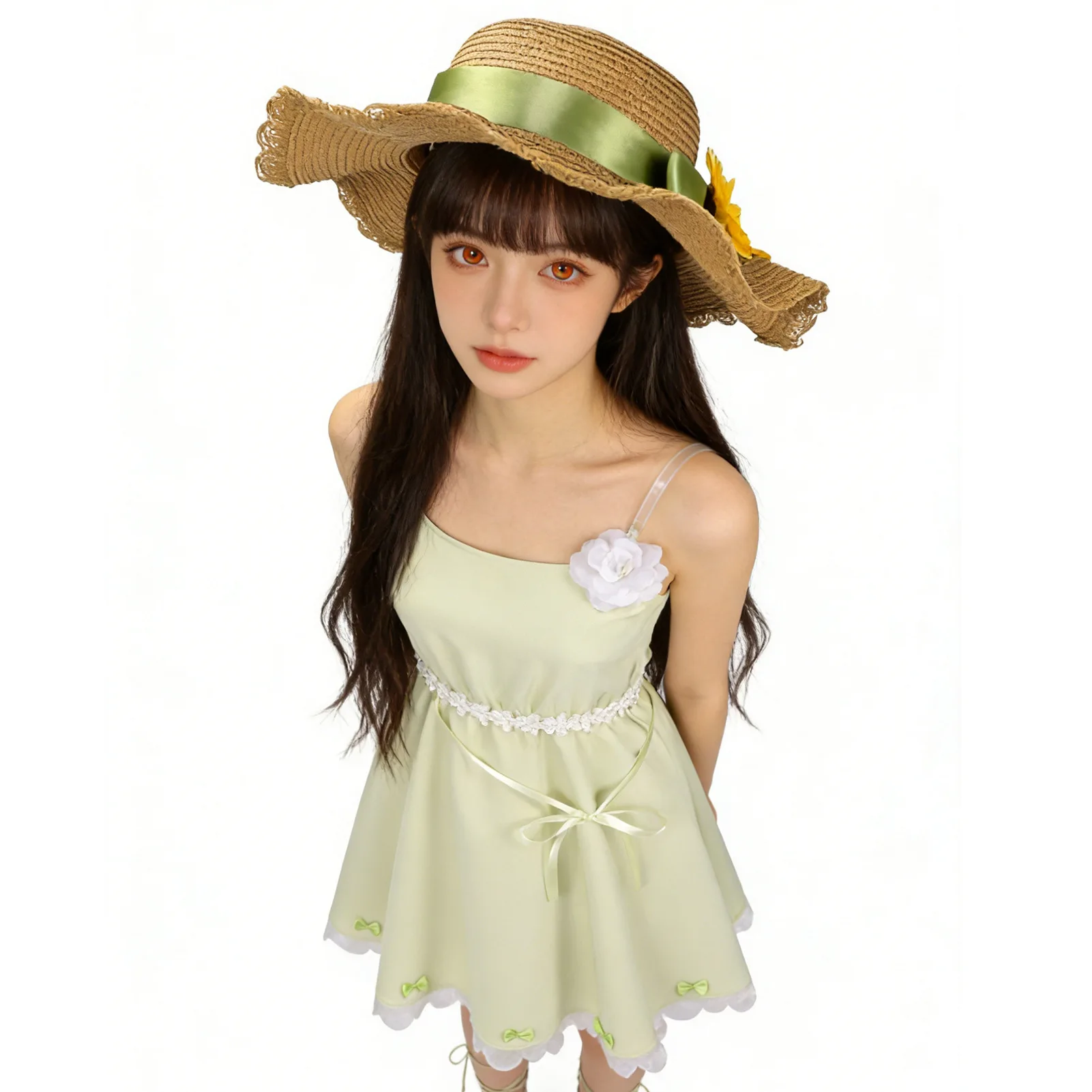 

Костюм для косплея Рури Хаоу: светло-зеленый сарафан с соломенной шляпой с подсолнухом для фанатов аниме