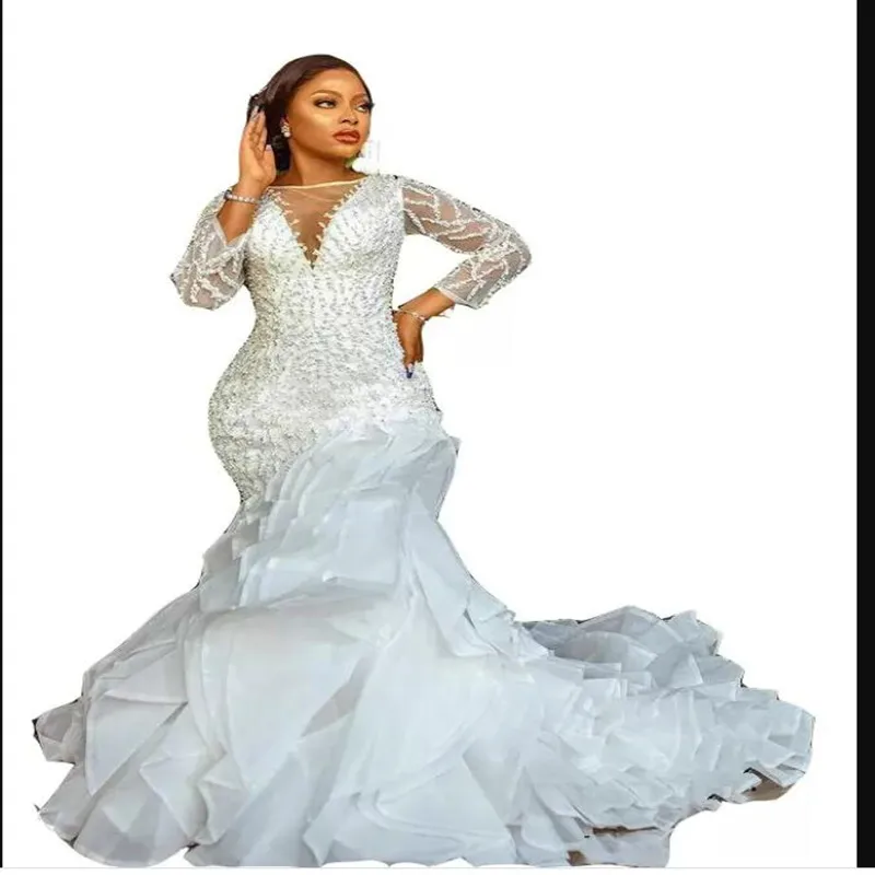 

Luxury African Mermaid Crystal Beads Wedding Dresses with Ruffles Jewel Neck Illlusion Appliques Lace Mermaid Bridal Dress
