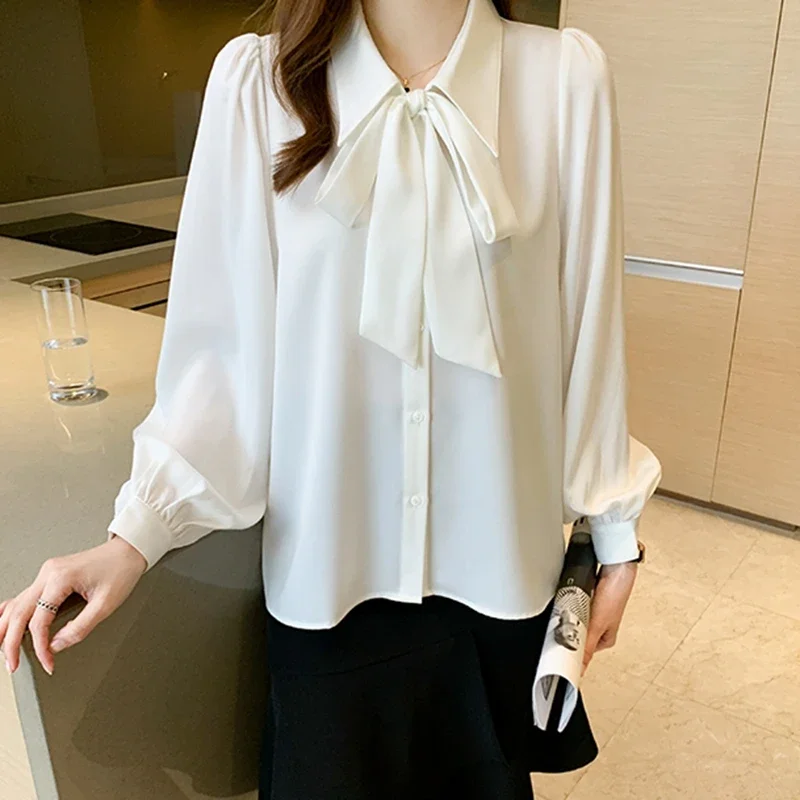 Elegant Office Chiffon Shirts Women 2024 Autumn Winter Long Sleeve Blusas Mujer Korean Style Clothing White Work Tops Blouses