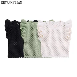 KEYANKETIAN estate nuove donne Hollow Crochet manica corta maglieria stile Boho cascata dolce o-collo maglione leggero Crop Top