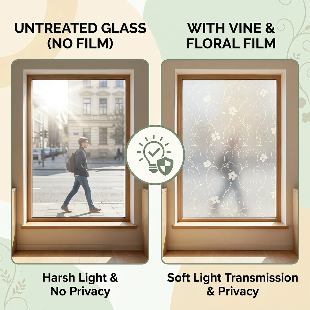 Floral Privacy Glass Sticker Self-Adhesive Curly Vine Flower Frosted Window Film Waterproof UV Block Removable No Residue for Ho