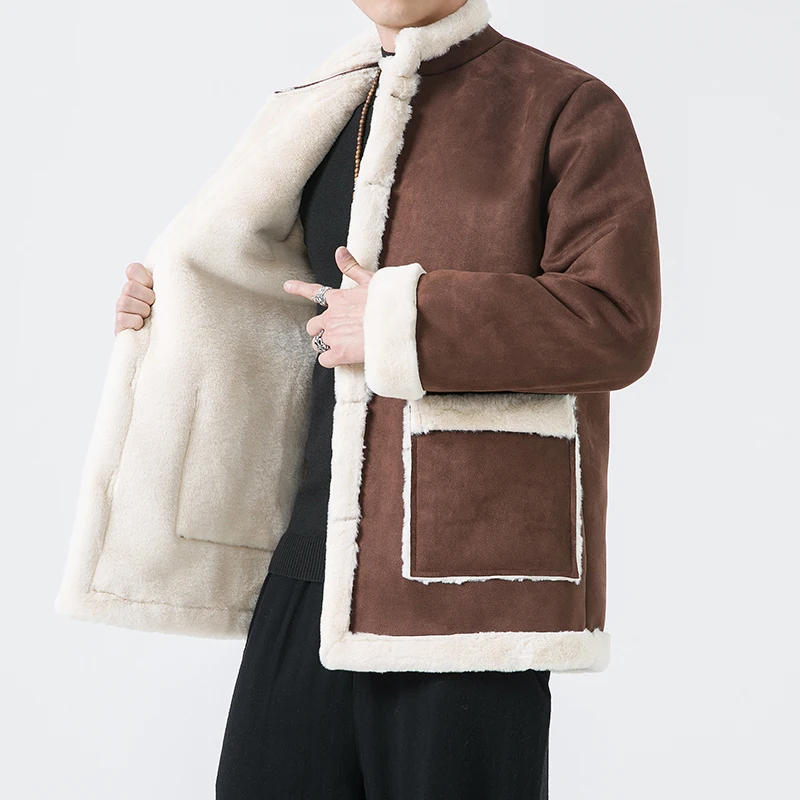 Jaqueta de Hanfu acolchoada de algodão estilo chinês masculino, casaco grosso quente, parkas de peles artificiais soltas, forro de lã, masculino, outono, inverno