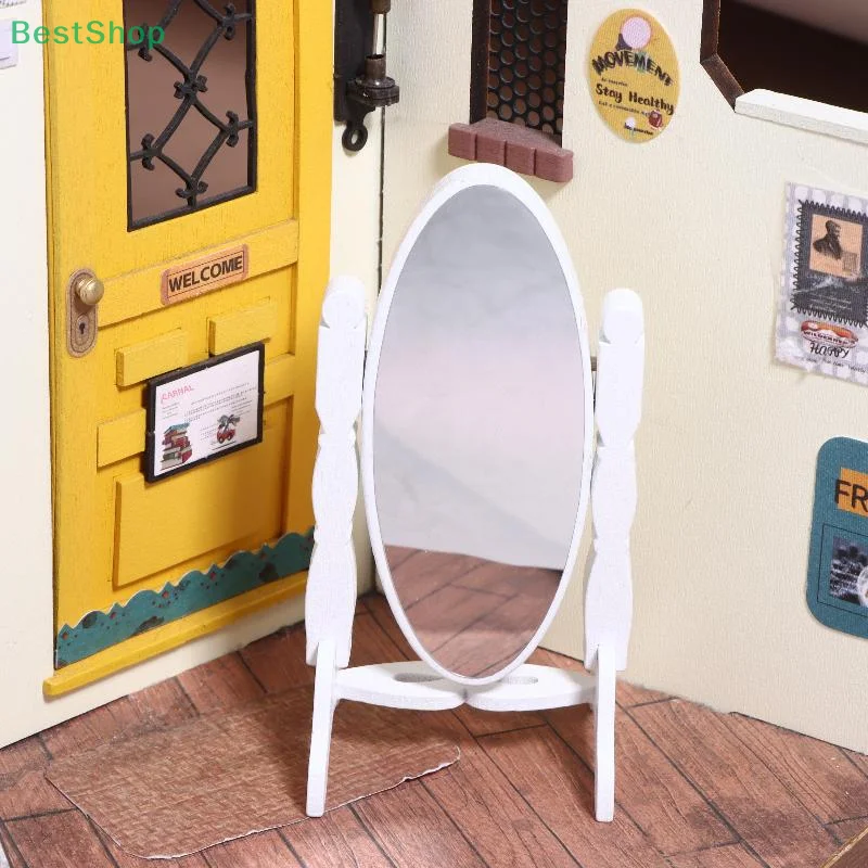 ★ ★ ★ 1:12 casa de muñecas Mini simulación clásica vertical de madera blanco tocador espejo de tocador muebles de sala de estar decoración Juguetes