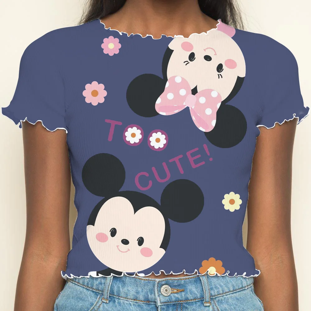 Crop Top Short Sleeve Woman Clothing Tops Sexys Summer Clothes Women 2024 Disney T-shirt T-shirts Lettuce Trim Minnie Mouse Y2k