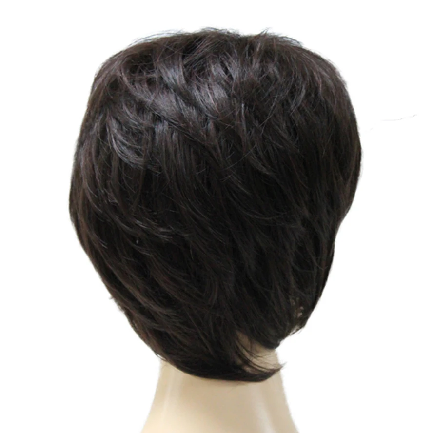 Peruca de cabelo sintético com franja para mulheres, cabelo natural reto, castanho curto, sintético completo para mulher