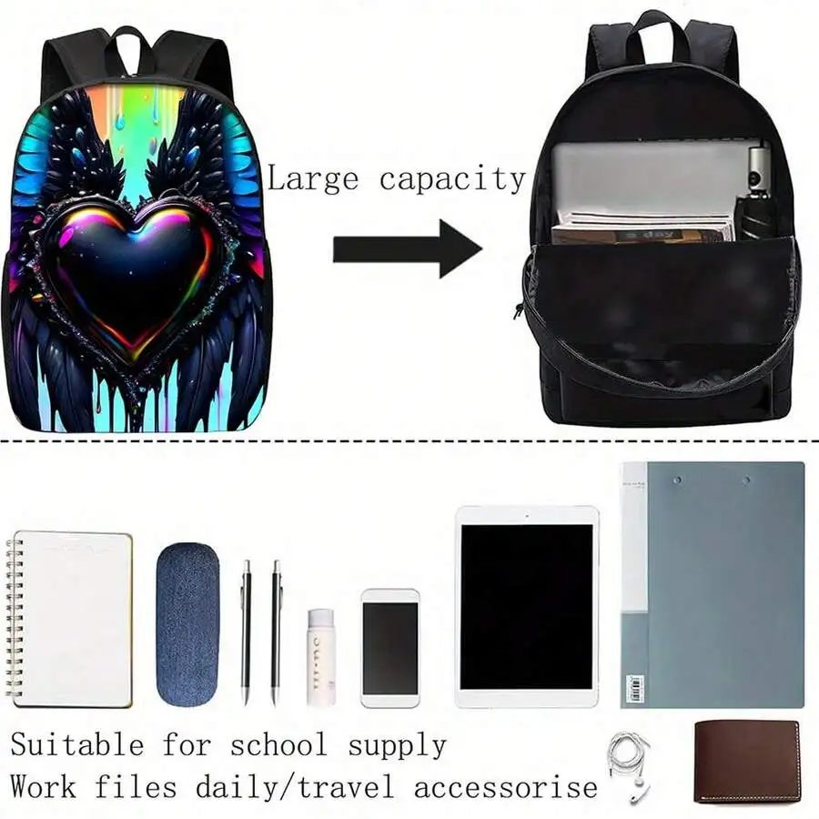 

Lightweight Backpack With Heart Wing Print Adjustable Straps Large Capacity For College Travel Work