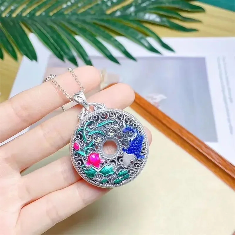 DF New National Style Personalized Grilled Blue Fish Play Lotus Safety Buckle Sweater Necklace Ruyi Roasted Jewelry