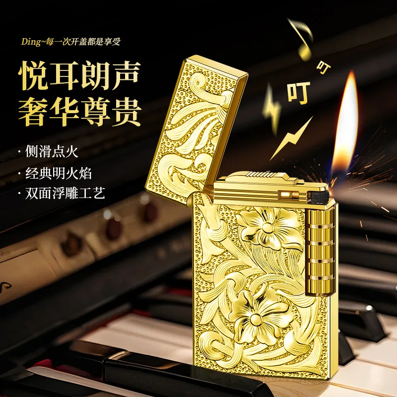 Embossed Lighter Side Slip Inflatable Lighter Smoking Cigarette Accessories Metal Lighters Fashion Smoker Gift（NO GAS)