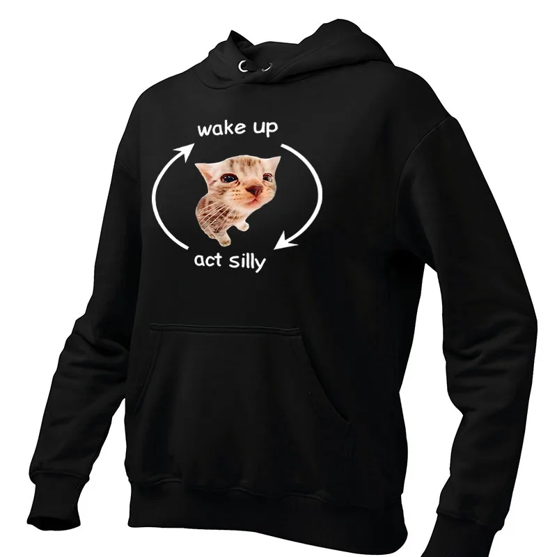 Wake Up Act Silly Hoodies Cute Cat Graphic Pullover For Men Women Boys Funny Casual Soft Cool Unisex Hooded Sweatshirt