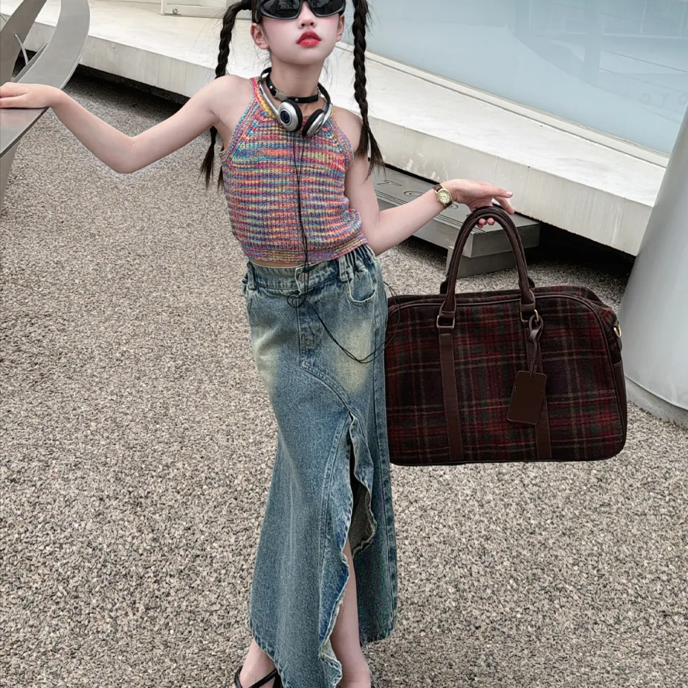 

Girls Dress French Style 2024 Summer New Solid Color Slit Skirt Fishtail Skirt Irregular Design Delicate Summer Children Skirts