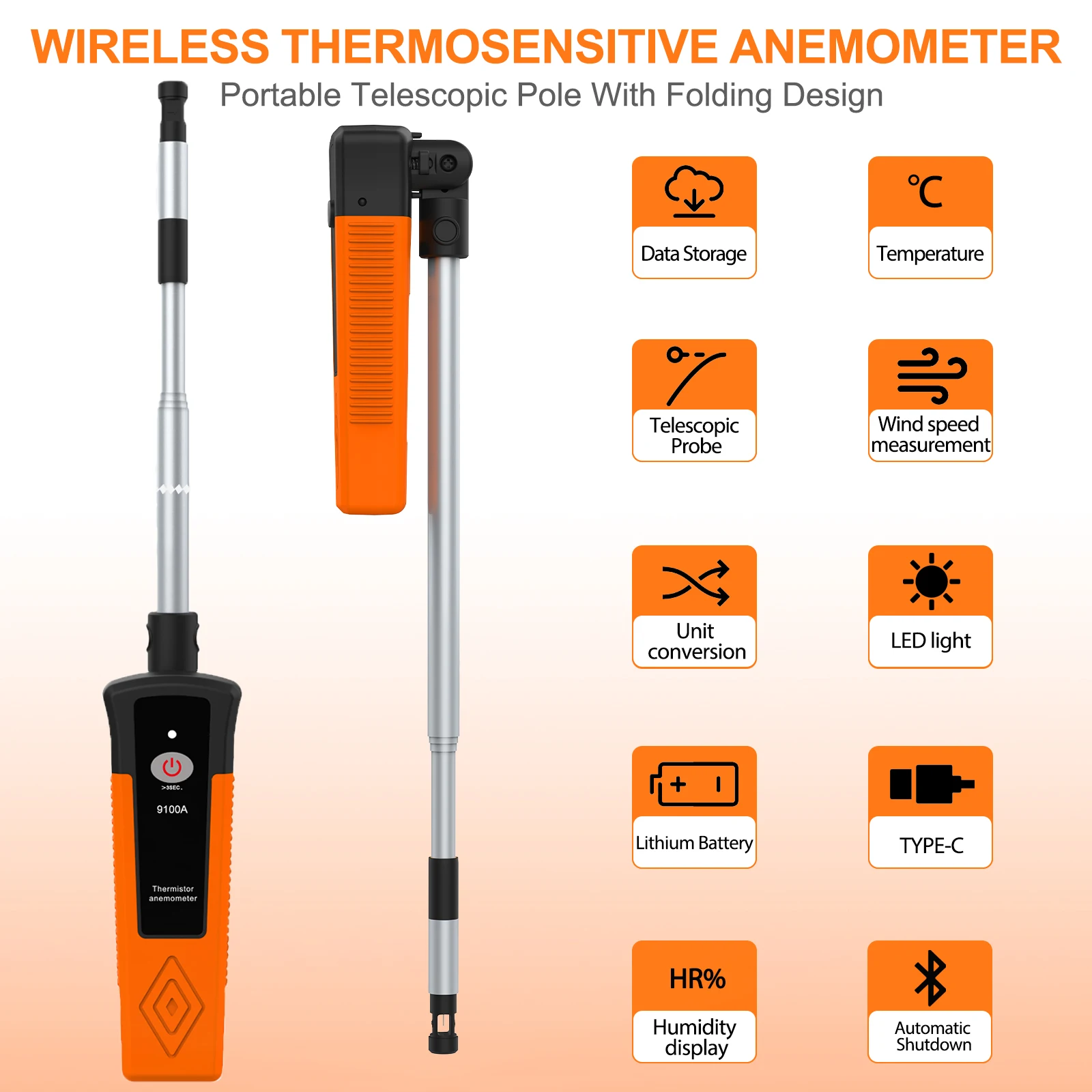

Retractable Folding Wireless Thermal Anemometer, Bluetooth-Connected App For Real-Time Monitoring, Warm Air Duct Inspection Tool