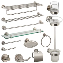 Brushed Nickel Bathroom Accessories Towel Bar Hooks Towel Rack Shelving Roll Paper Holder Toilet Brush Soap Dish Glass Shelf
