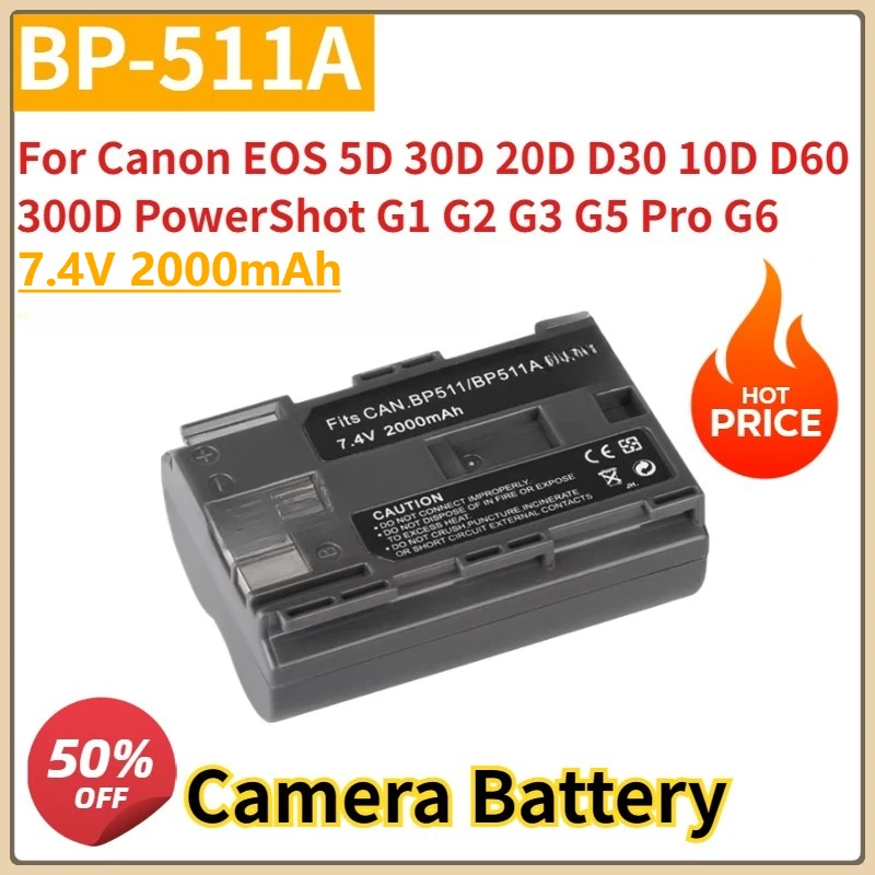 

New Replacement Camera Battery BP-511 BP-511A 7.4V 2000mAh for Canon EOS 5D 30D 20D D30 10D D60 300D PowerShot G1 G2 G3 G5 Pro