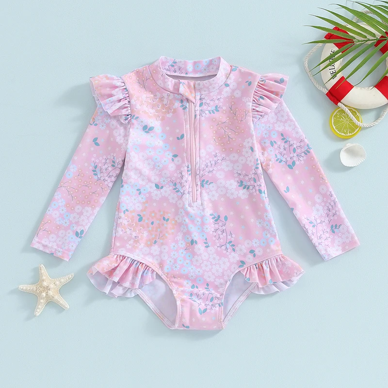 

Toddler Baby Girls Bikini Beach Swimwear Zipper Swimsuit UPF 50+ Rash Guard 1Piece Long Sleeve Bathing Suit