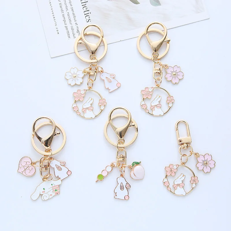 

Simple Cherry Blossom Pendant Car Bag Pendant Keychain Accessories Trendy Rabbit Cat Flower Charm Keychain New Jewelry for Women