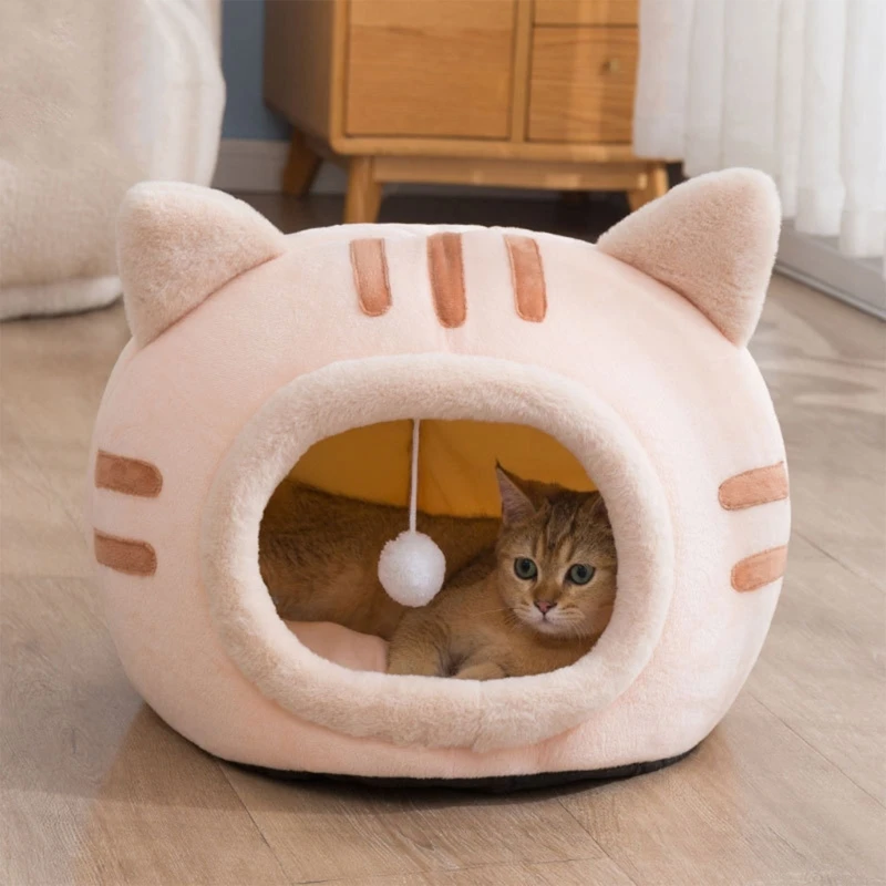 Cama para animais estimação veludo quente à prova casa fofa formato gatinho, canil com pendurado,