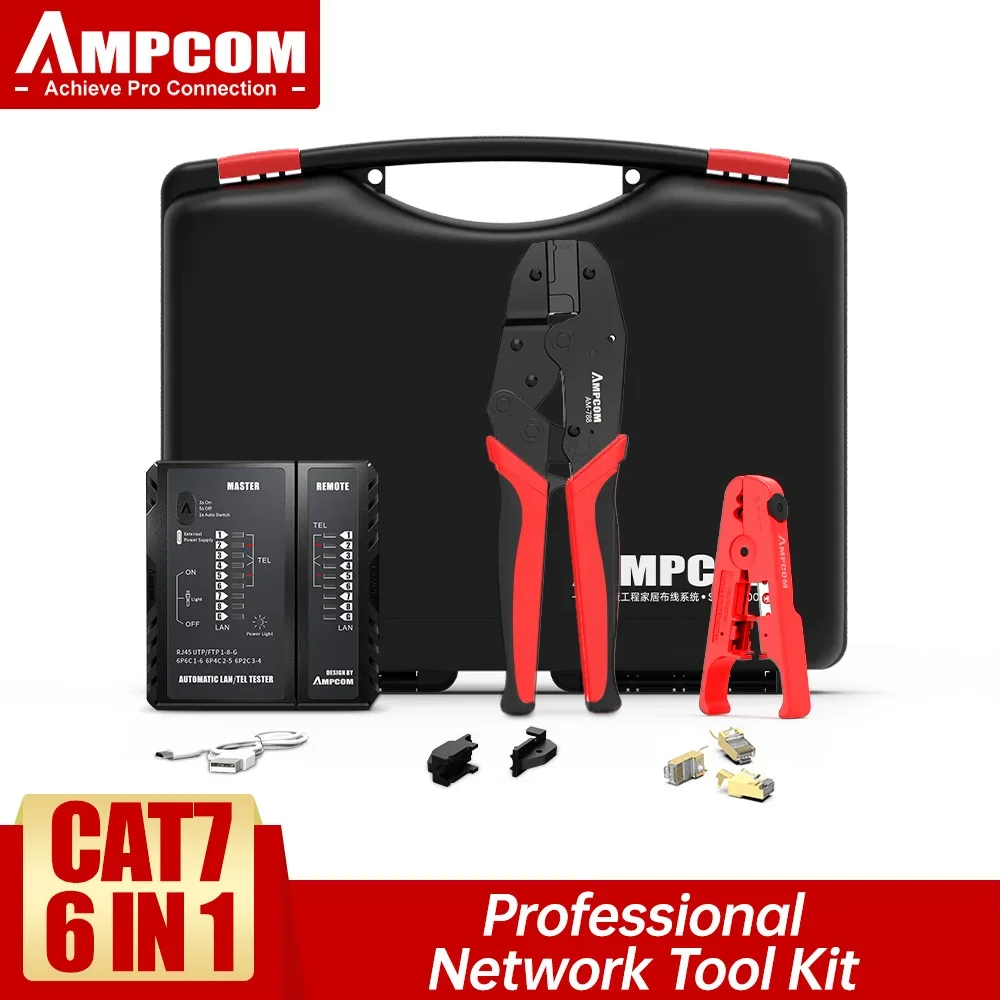 AMPCOM – Kit d'outils réseau, outil professionnel RJ45 (sertisseuse Cat7, 10 connecteurs Cat7 pièces testeur de câble réseau, outil de dénudage)